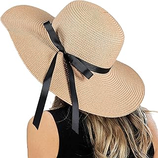 Sponsored Ad - Womens Floppy Summer Sun Beach Straw Hat, Foldable Wide Brim Hats with Bowknot UPF50