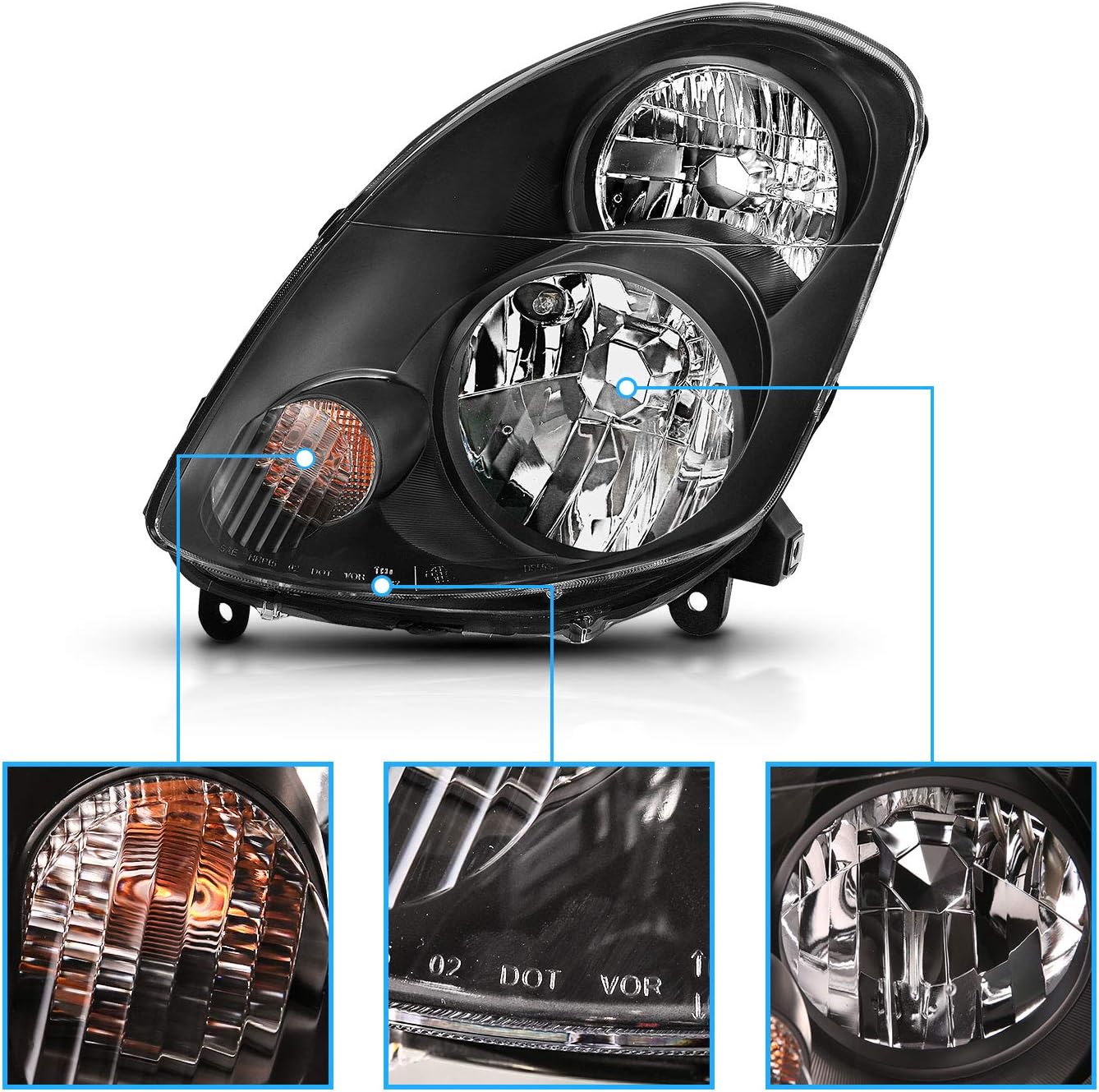 AmeriLite Replacement Black JDM Headlights For 2003-2004 Infiniti G35 4 Door Sedan- Passenger and Driver Side