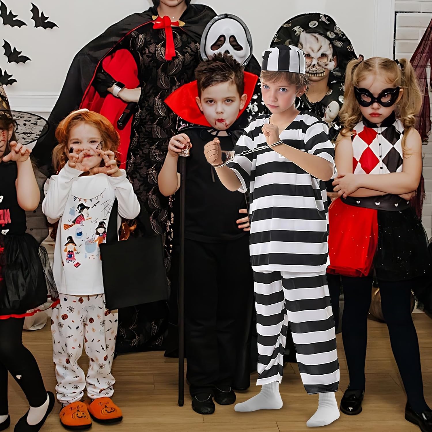 Prisoner Costume Kids 7Pcs Classic Striped Jail Inmate Costume Halloween Outfits Convict Cosplay Props - Image 4