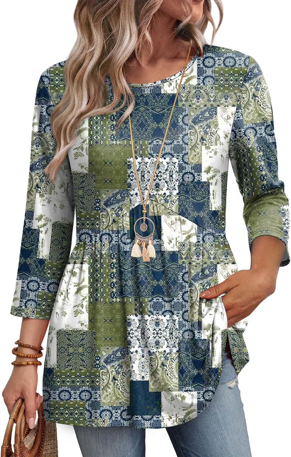 3/4 Length Sleeve Womens Tops Blouses for Women Dressy Casual Spring Fashion Clothing Crew Neck Babydoll Tops