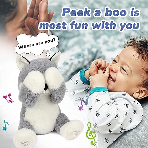 Miniatura 5 de Hopearl Peek A Boo Husky Interactive Repeats What You Say - Juguete de peluche musical que canta y habla, adorable animal de peluche eléctrico