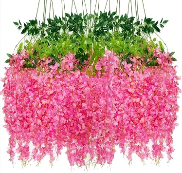 Artificial Wisteria Hanging Flowers Fake Wisteria Flower Garland Silk Vines Rattan Decor for Home Wedding Arch Wall Garden Greenery Bedroom Outdoor Office Party Decoration 12, Dark Pink