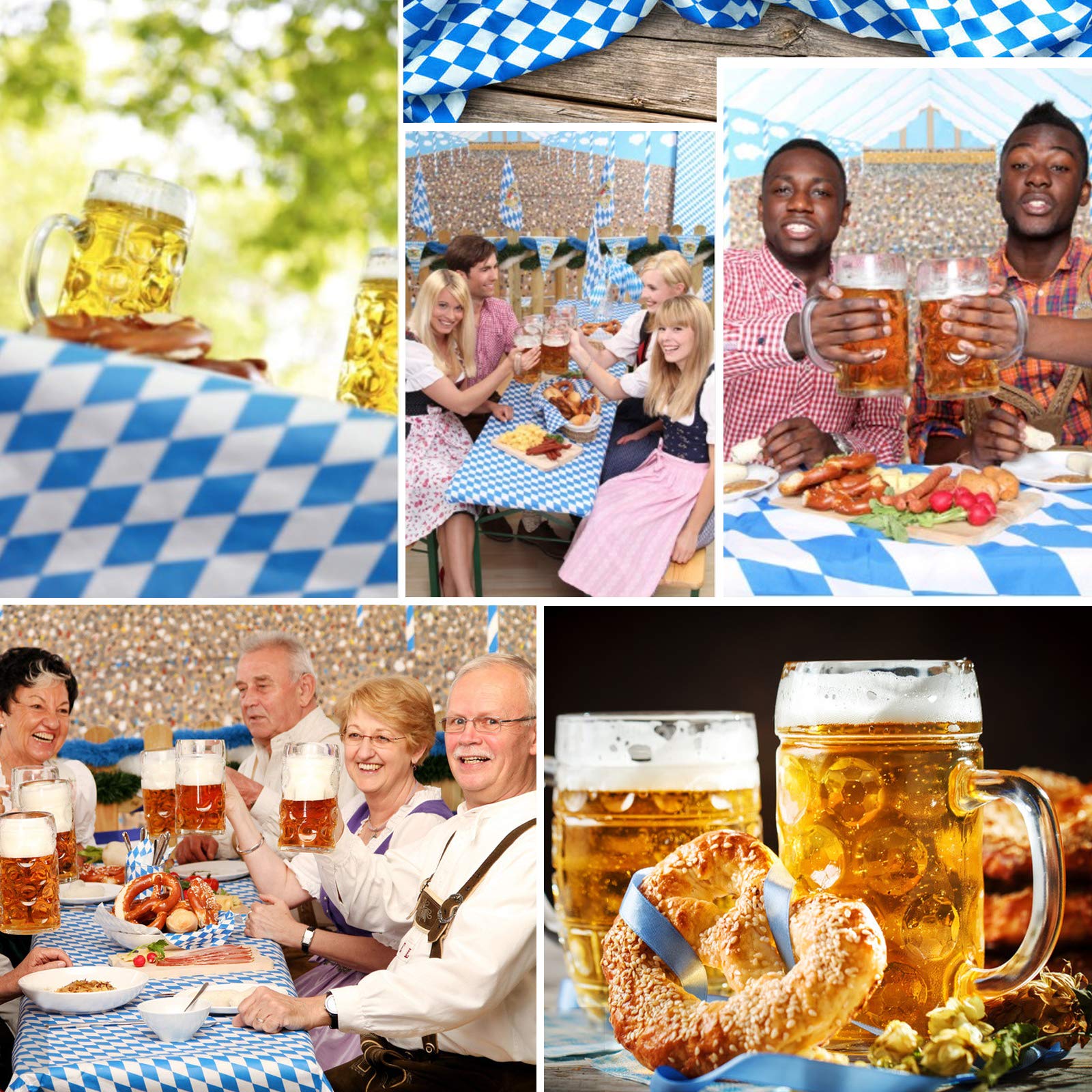 Nappe Oktoberfest 5 Pièces - Motif Bavarois Bleu Et Blanc - 130x275cm - Imperméable, Pour Fêtes Et événements