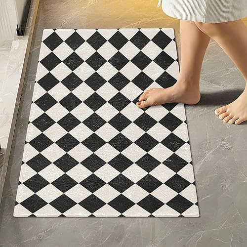 Miniatura 2 de Tapetes de baño de rejilla cuadrada en blanco y negro para piso de baño, ultra suave, absorción de alfombras de baño, antideslizantes, lavables