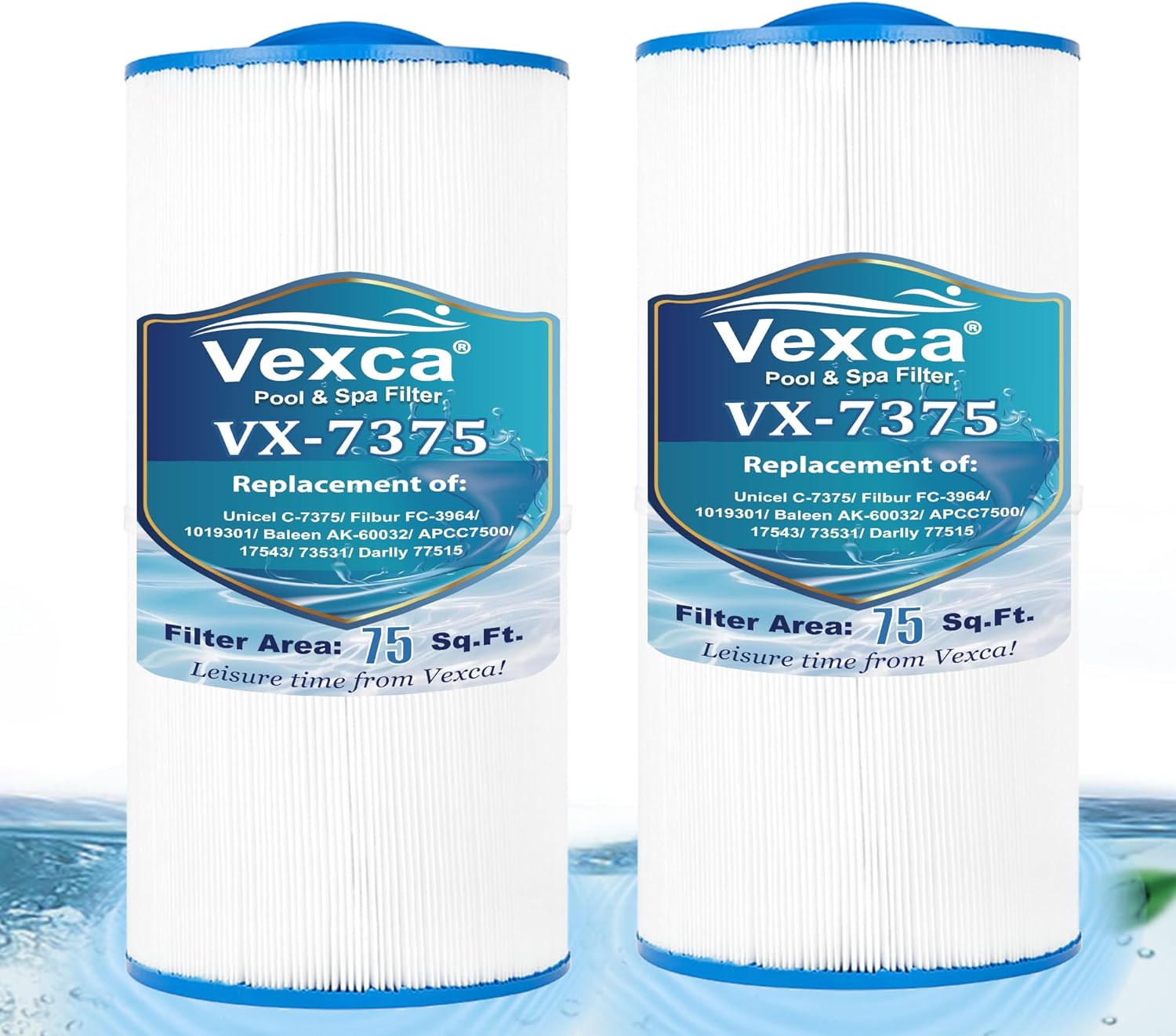 Vexca® PCD75N Spa Filter Cartridge Compatible with Unicel C-7375, Filbur FC-3964, 1019301, AK-60032, APCC7500, 17543, 07043, 75 Sq.Ft. Hot Tub Filter, 2 Pack