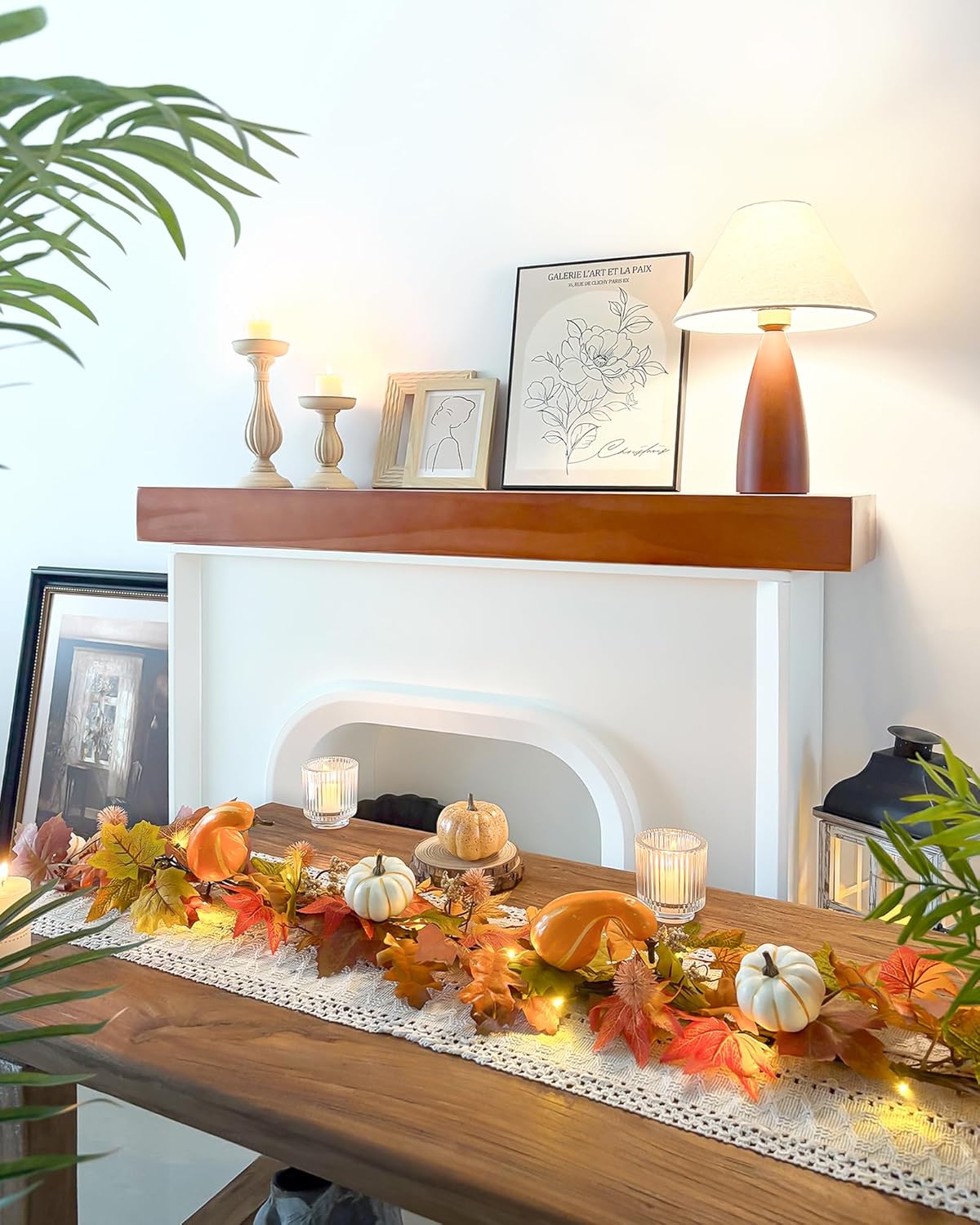 6ft Pumpkin Maple Leaf & Berries Fall Garland with Light String - Fall Decor for Home, Mantle, Fireplace, Thanksgiving & Halloween Autumn Decorations