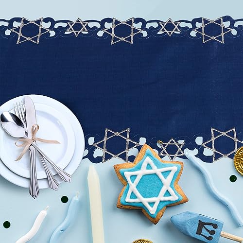 Miniatura 7 de OWENIE Camino de mesa de Hanukkah, bordado de Janucá con menorá azul, festival judío, decoración de mesa para interiores y exteriores, bufanda para