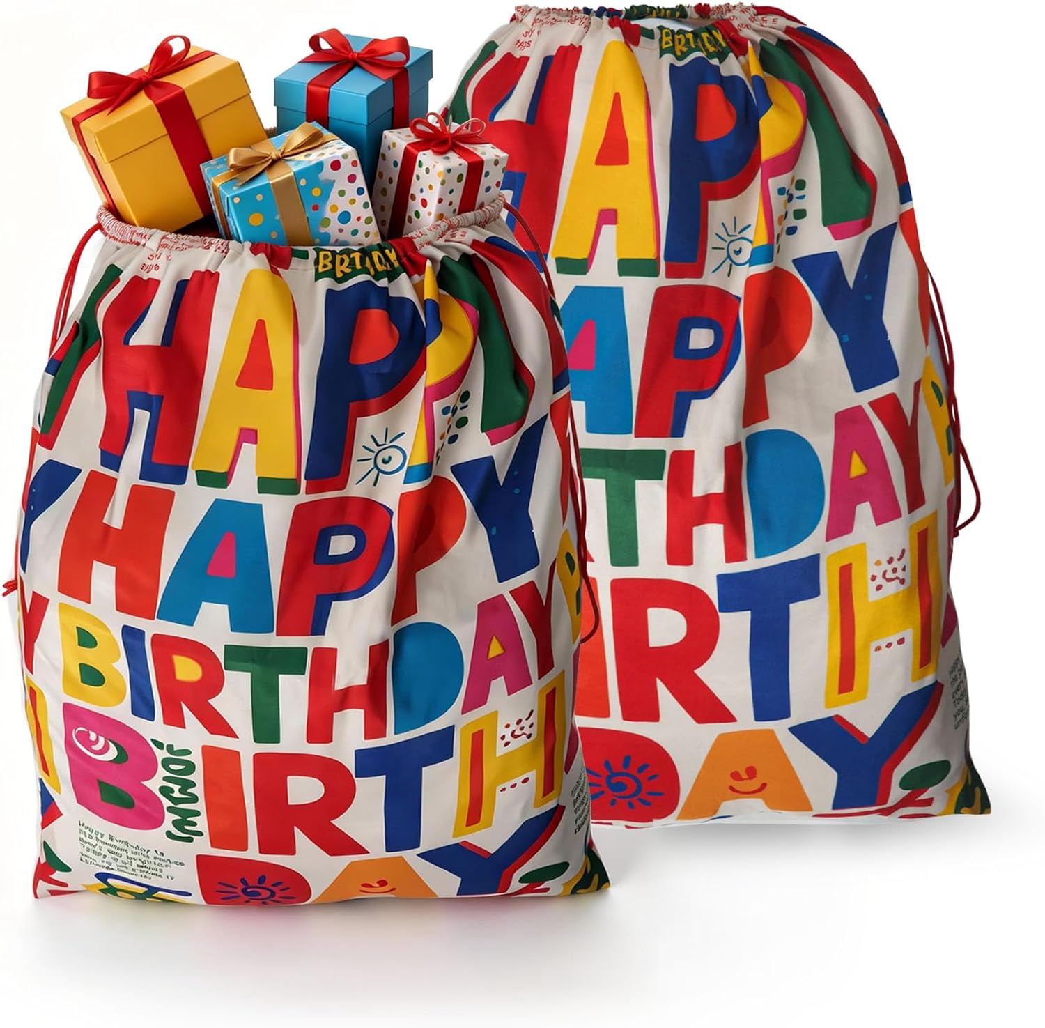 CosInStyle 2 PCS Large Happy Birthday Bags with Drawstring, 27.5x19.5 Inch, Reusable Canvas Storage for Holiday Gifts and Party Favors (StyleD-Birthday-2PCS)
