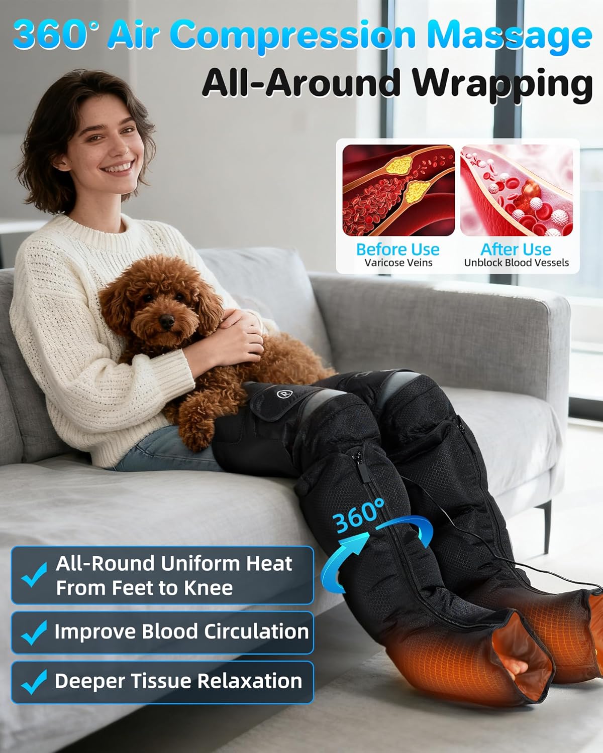 YINGGG Air Compression Leg Massager with Heat - Foot and Calf Massage Sleeve with 3 Heat&6 Intensities&6 Modes, Compression Boots for Circulation and Pain Relief-M - Image 3
