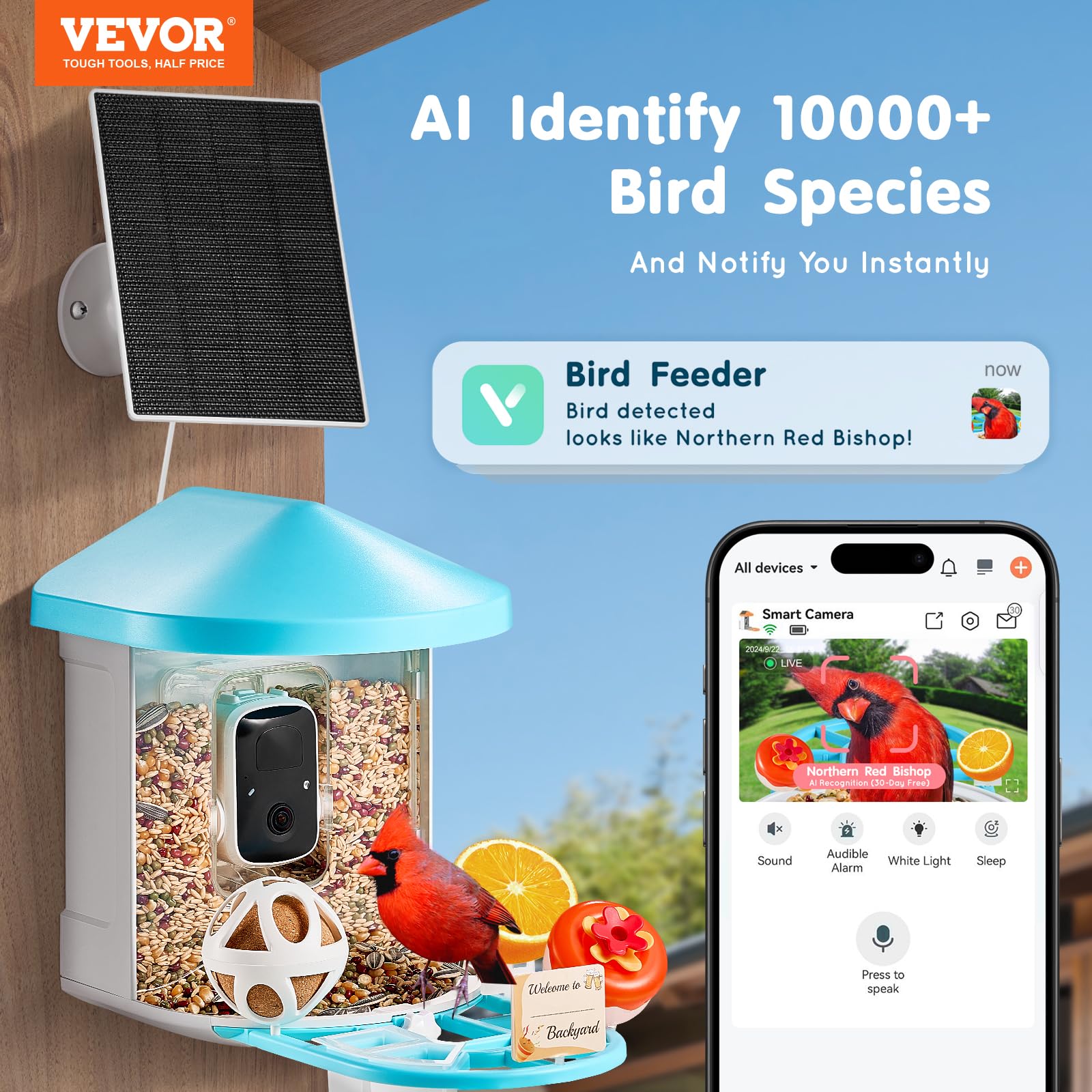VEVOR Mangiatoia per Uccelli Intelligente con Fotocamera, AI 2K HD Identifica Oltre 10000 Specie di Uccelli, Telecamera per Mangiatoia per Uccelli a Energia Solare con Registrazione Automatica (Blu)
