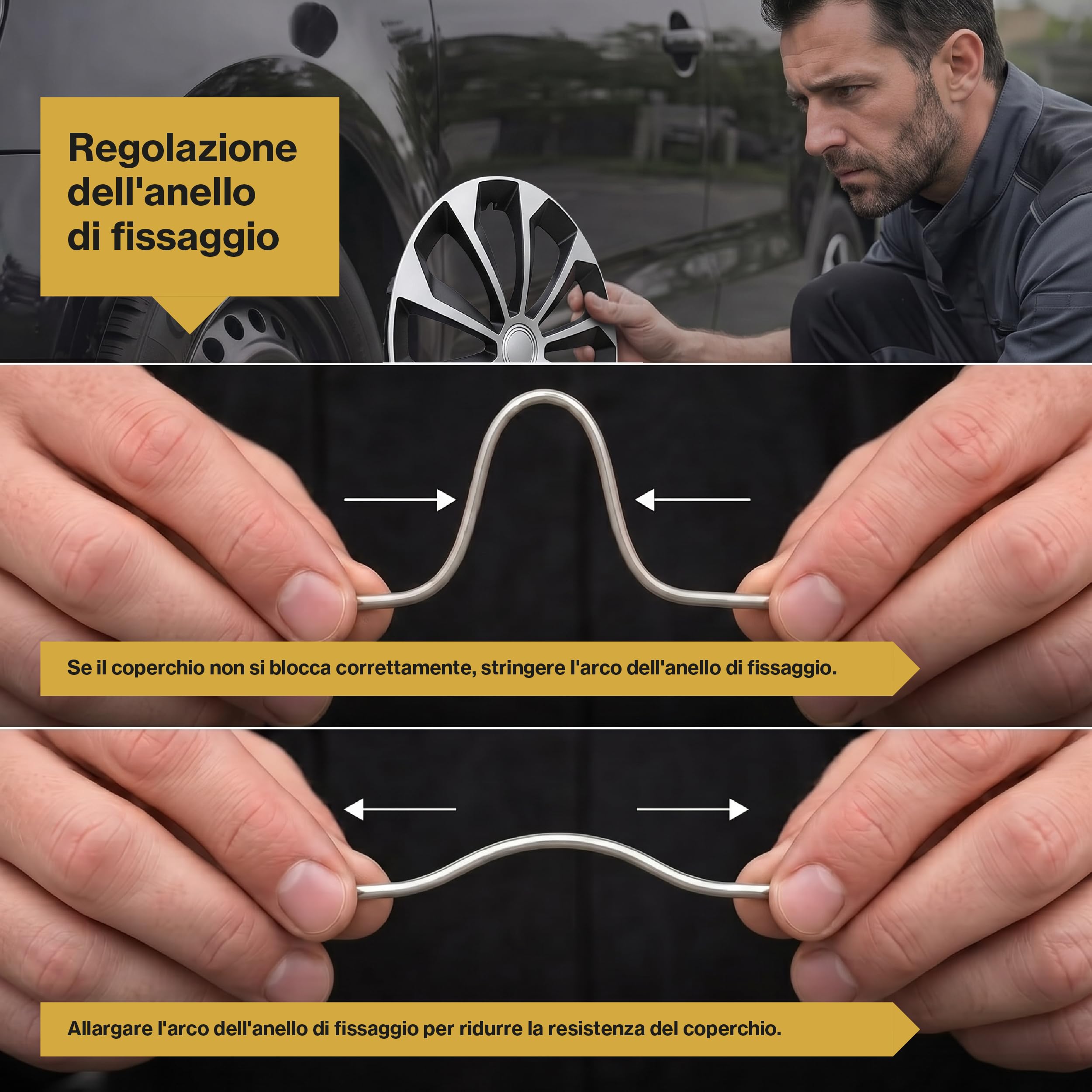 Set 4 Copricerchi Auto Universali in ABS, Coppe Ruota per Cerchi in Acciaio con Anello Metallico di Fissaggio, Nero/Argento, Installazione Rapida (16.0, Pollici, F RING MIX)