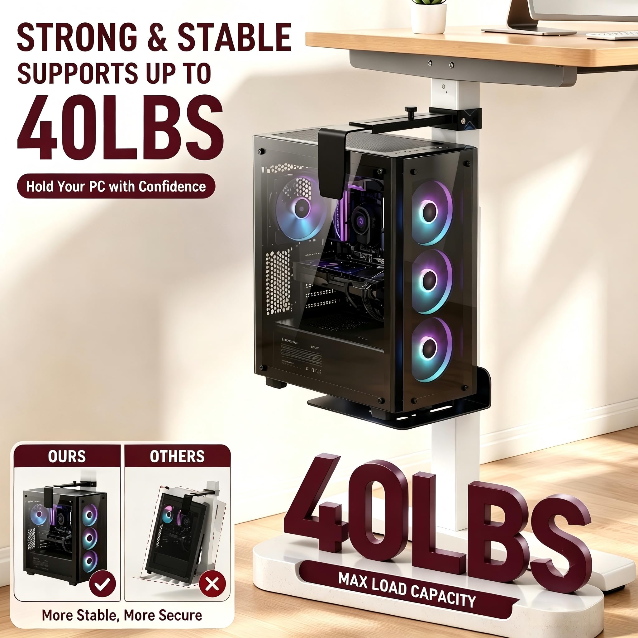 Mihawk Soporte para PC bajo Escritorio, Ajustable sin Taladrar, Compatible con patas de mesas eléctricas de 80x50 mm, 18 kg (40 lb), Negro