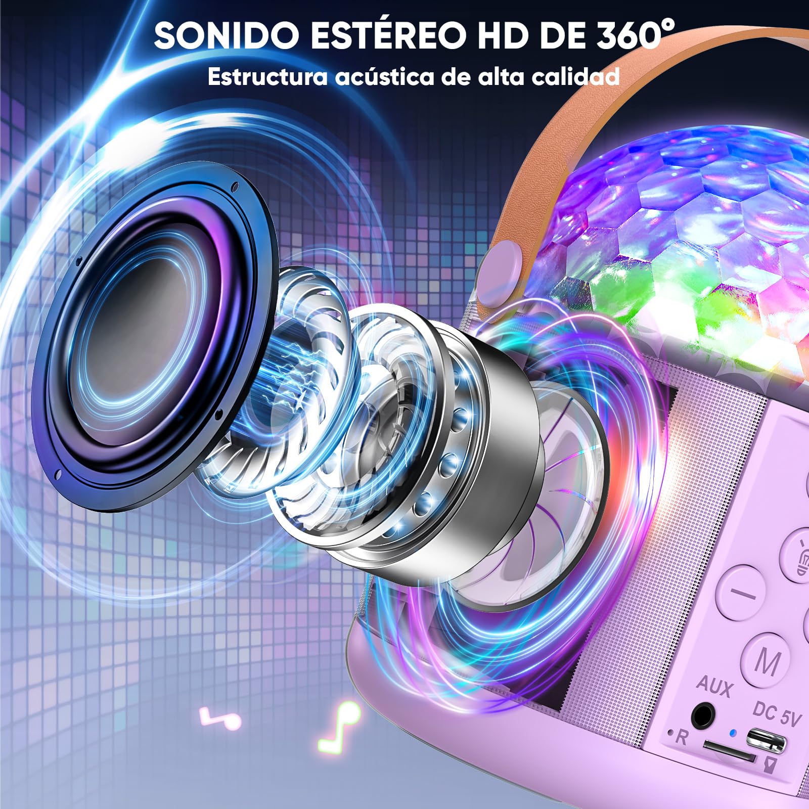Microfono Karaoke Regalo Niña 5 6-12+ Años, Karaoke 2 Microfonos Inalambricos Bola de Discoteca con Efectos de Luces LED Frontales Karaoke Niña Adultos Microfono Juguetes para Niñas - Regalo Navidad