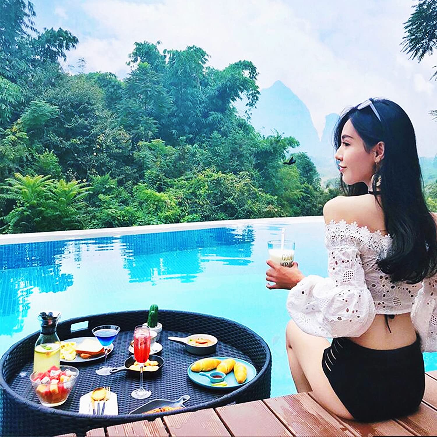 Bandeja Flotante Tejida de ratán para Servir, Mesa y Barra para Piscina, Bandeja Flotante Redonda para Desayuno en Piscina, flotadores de Piscina para Adultos para Comer
