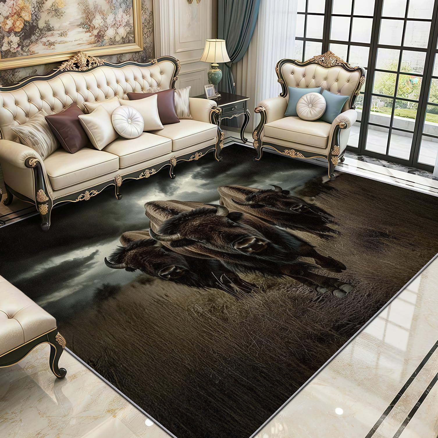 Bison Teppich Waschbar, Wildtiere Schwarz Teppich 80x150 cm, Natur Landschaft rutschfest Waschbar Pflegeleicht Teppiche Für Schlafzimmer Küche, Schwarz