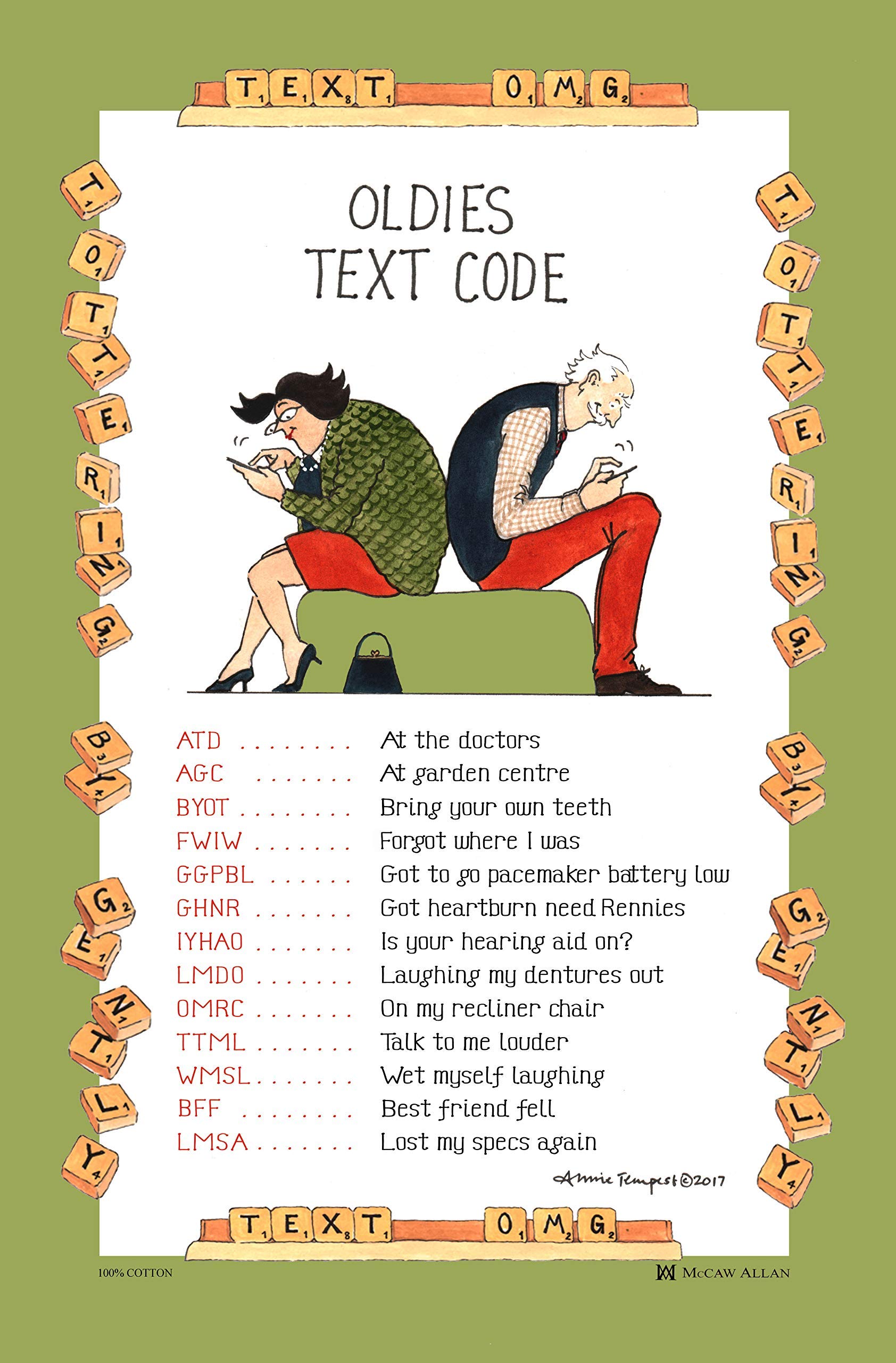 Minilabel 'Oldies Text Code' Tottering Tea Towel Dish Cloth - Amusing, Funny, Comical