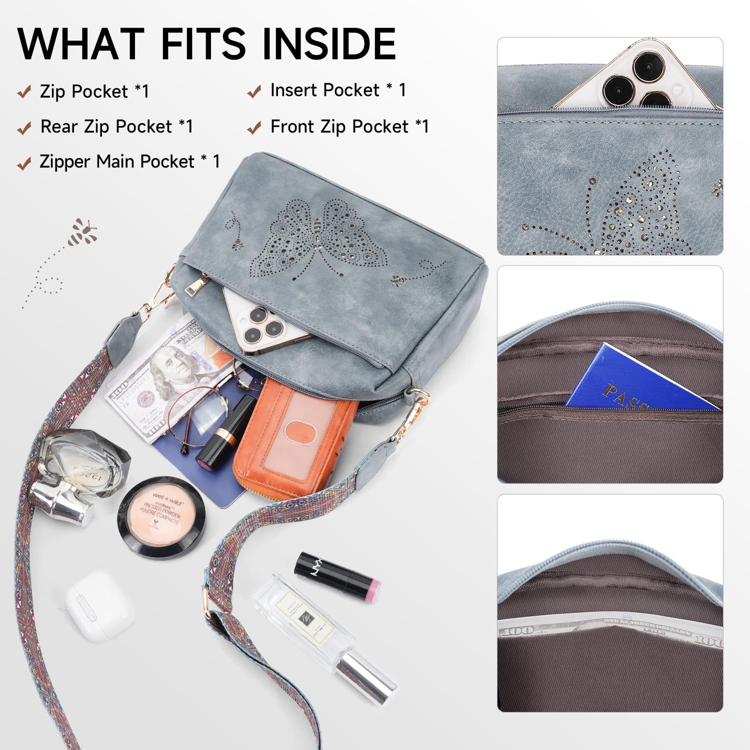 Crossbody Bags for Women, Vegan Leather Small Crossbody Purse Butterfly Shoulder Handbags with Wide Strap - Image 3