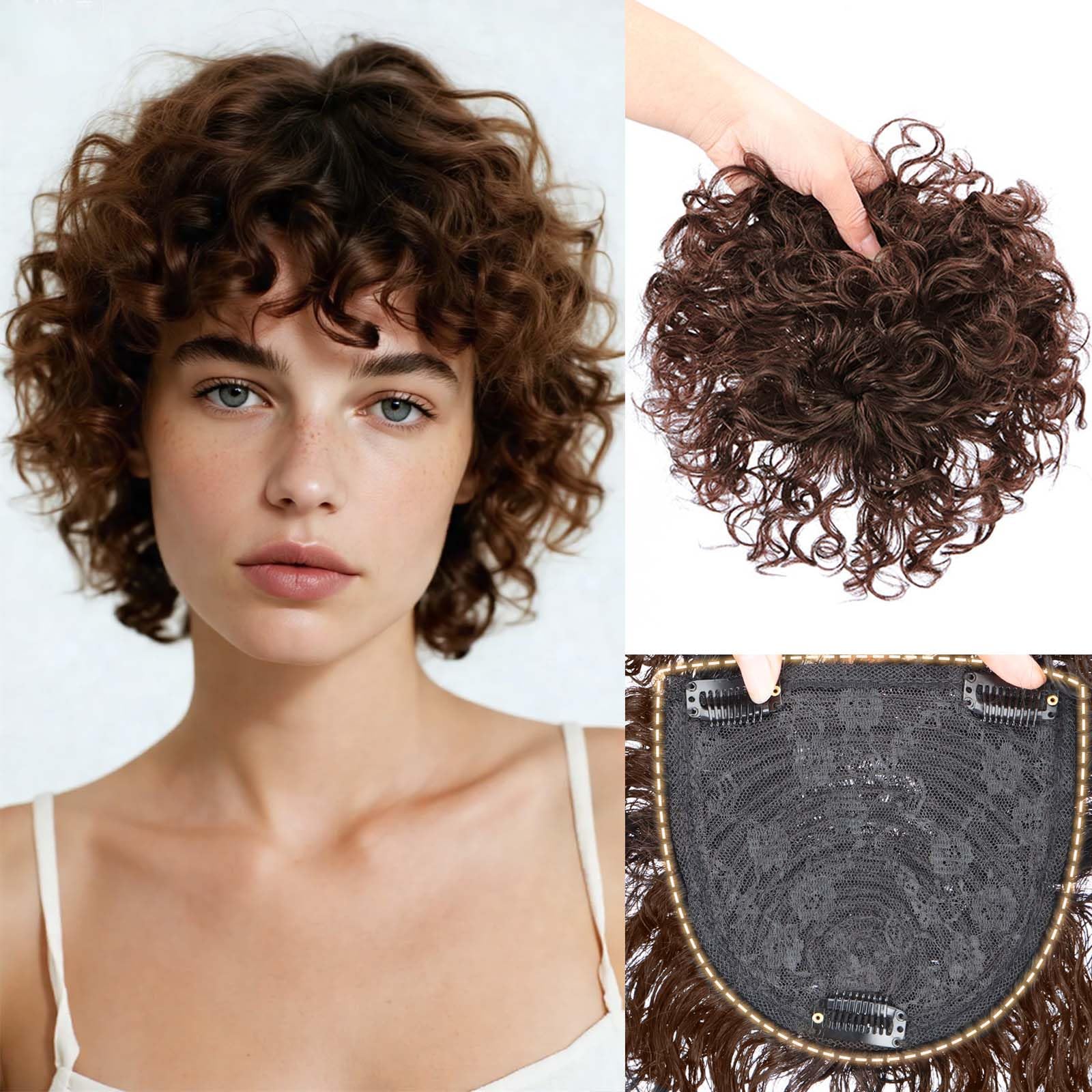 Echthaar-Topper mit Pony für Damen 13 x 14 cm, unsichtbare Rosenspitzenbasis lockiges Clip-in-Oberteil für dünner werdendes Haar kurzwellige Haarverlängerung mehr Volumen Dunkelbraun