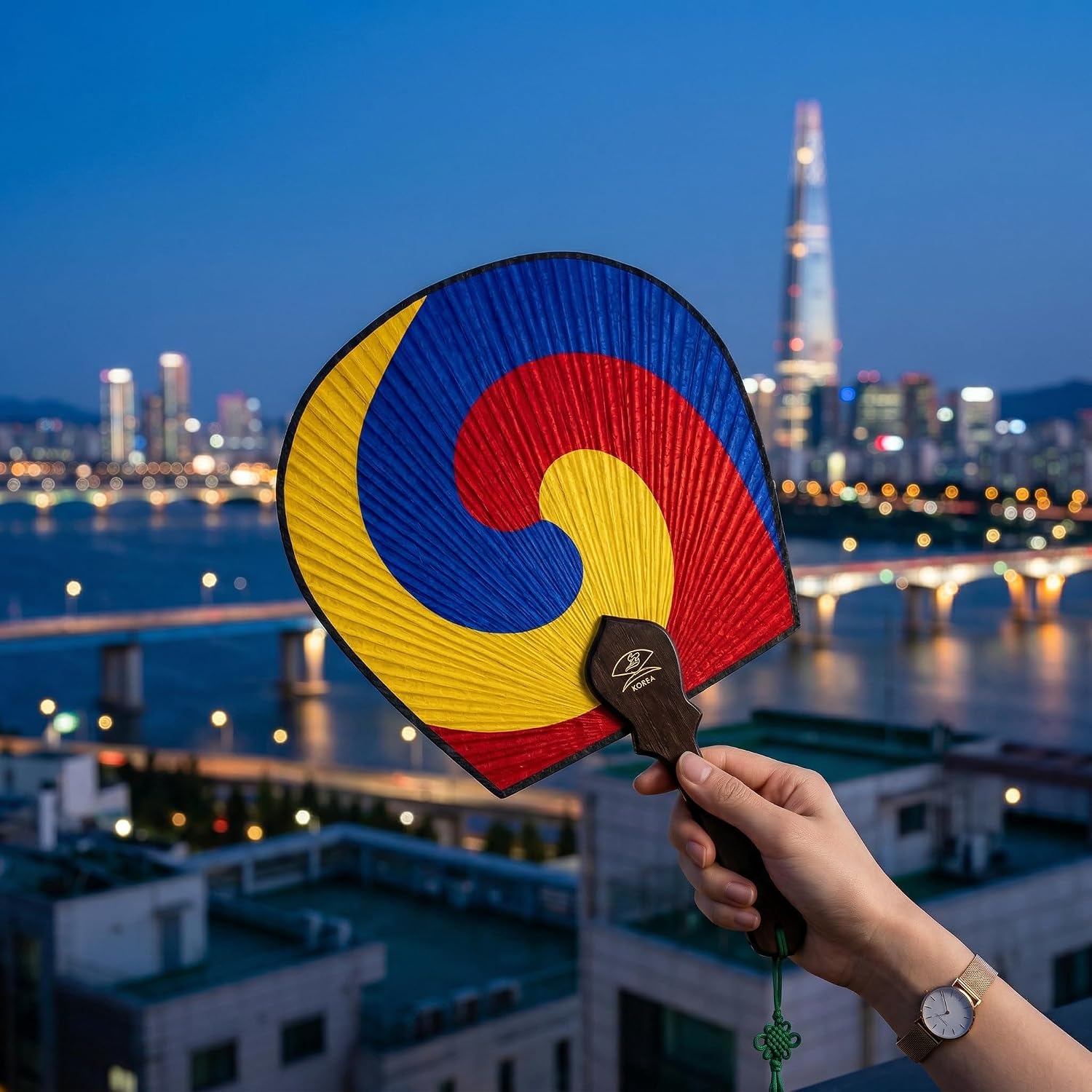 KPOP MV 2.0 Props for B.T.S fans Korean Traditional Silk Taeguk Hand Fan - 1 Hand Fan + 1 Bojagi Cover + 1 Photocard, Handcrafted in Korea (Original 11inch / Medium 13.7inch)(Medium 13.7 Inch)