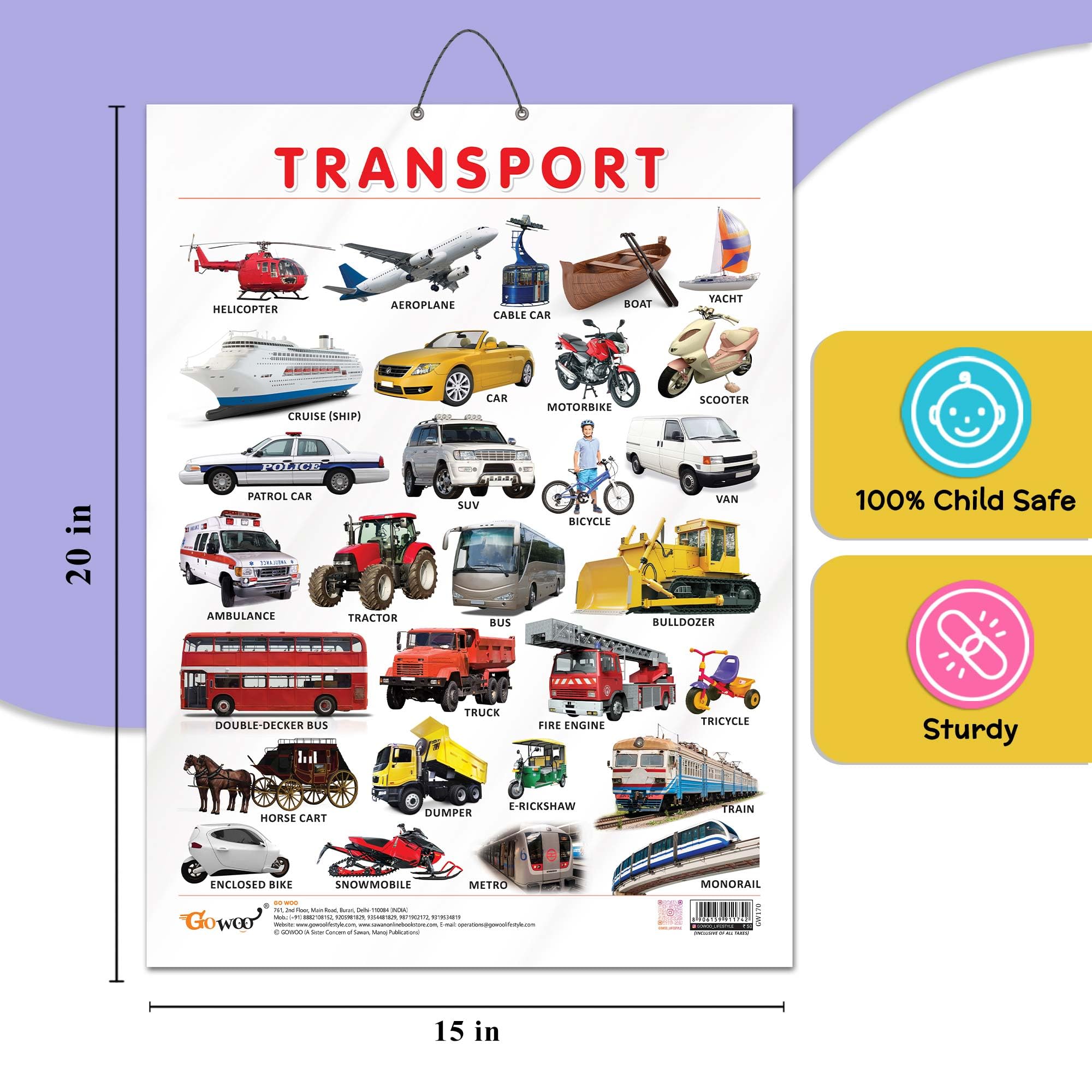 GO WOO TRANSPORT CHART GLOSS LAMINATED, VEGETABLE CHART GLOSS LAMINATED, and WILD ANIMALS CHART GLOSS LAMINATED | combo of 3 charts | Educational Trio Unveils Wonders 4
