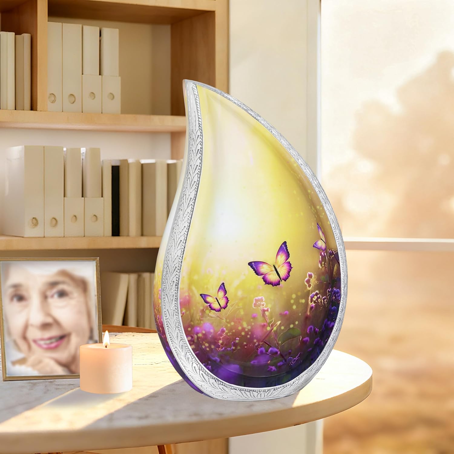 Urn for Ashes for Women & Men, Cremation Urns for Human Ashes Adult Female & Male, Funeral Cremation Urns, Decorative Tear Drop, Purple Butterfly and Lavender, Yellow - Large Teardrop - Image 6