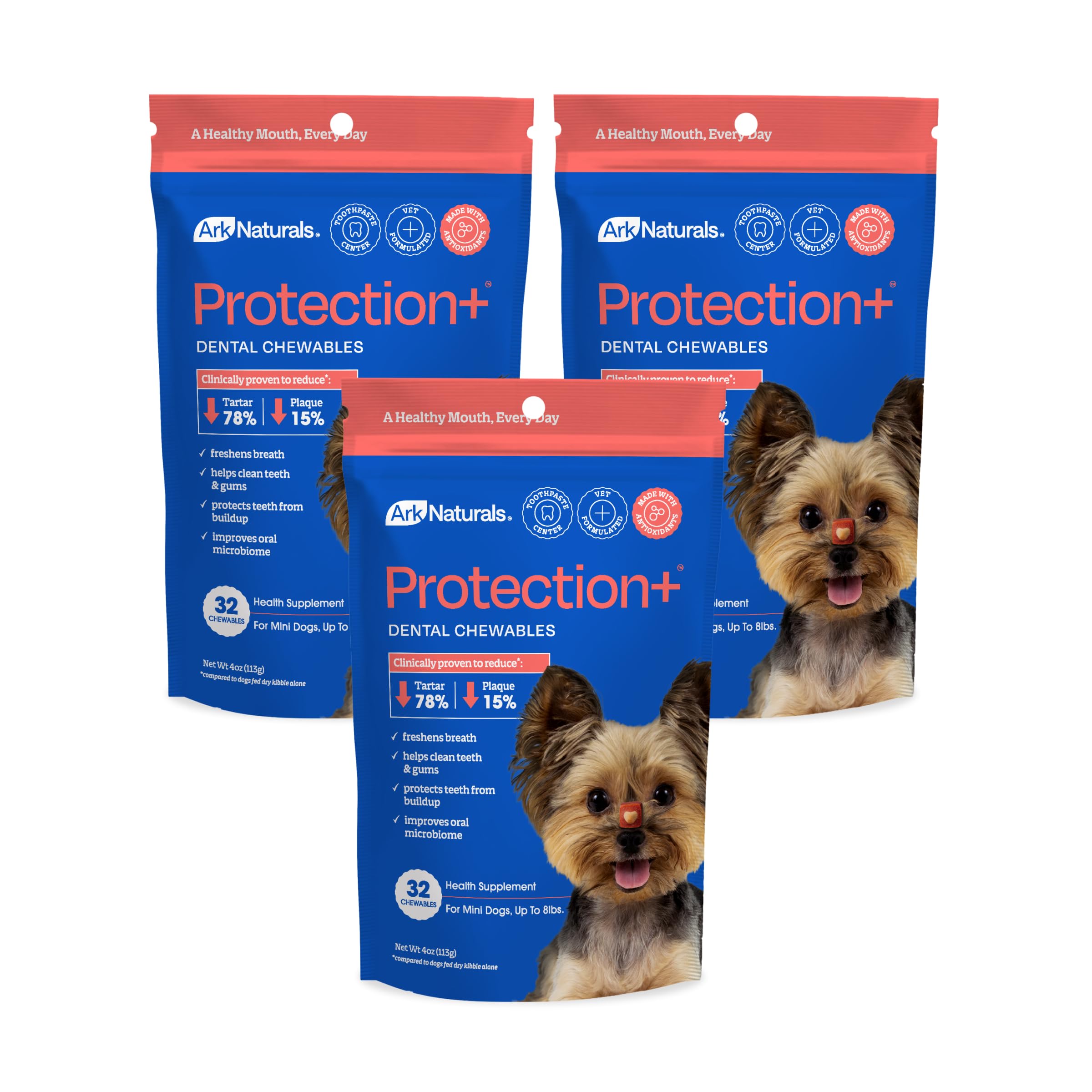 Ark Naturals Protection+ - Dentifricio senza spazzole per mini razze, masticazione dentale fortificata per cani, con centro dentifricio, aiuta a ridurre la placca e il tartaro, lucida i denti e