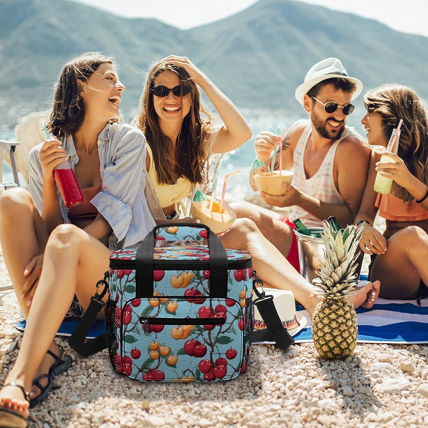 Insulated Camping Cooler Bag, Cherry Pattern Print Ice Pack with Leakproof Lining 22.5L Capacity Portable Thermal Bag for Camping,Picnic