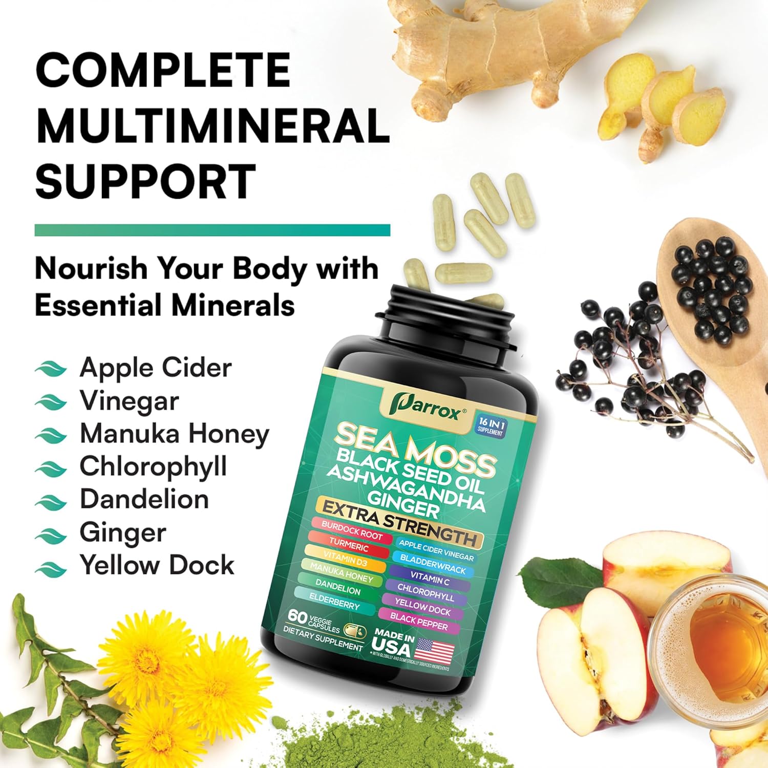 Sea Moss, Black Seed Oil, Ashwagandha, Turmeric, Chlorophyll, Dandelion, Ginger, Vitamin D3, Black Pepper, Elderberry, ACV, Yellow Dock, Burdock Root, Manuka, Vitamin C, Bladderwrack (60 Caps) - Image 7