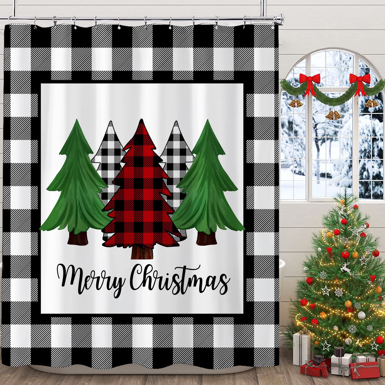 BIVINAR Buffalo Plaid Christmas Shower Curtain, Black and White Merry Christmas Tree Rustic Farmhouse Winter Bathroom Shower Curtain with Hooks, 72 x 72 Inch
