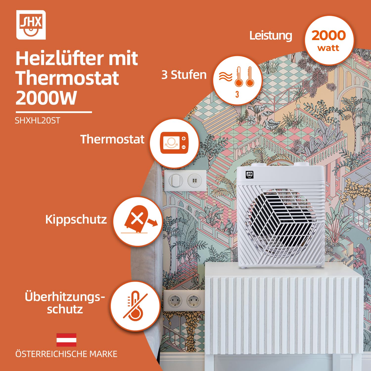 Termoventilatore con termostato, 2000 W, SHXHL20ST, piccolo e maneggevole, portatile, protezione contro il ribaltamento e il surriscaldamento