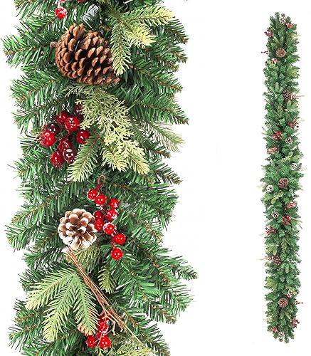 Miniatura 6 de Guirnalda de Navidad preiluminada de 9 pies, funciona con pilas, guirnalda de 100 luces con conos de cedro y bayas rojas degradadas, decoraciones de