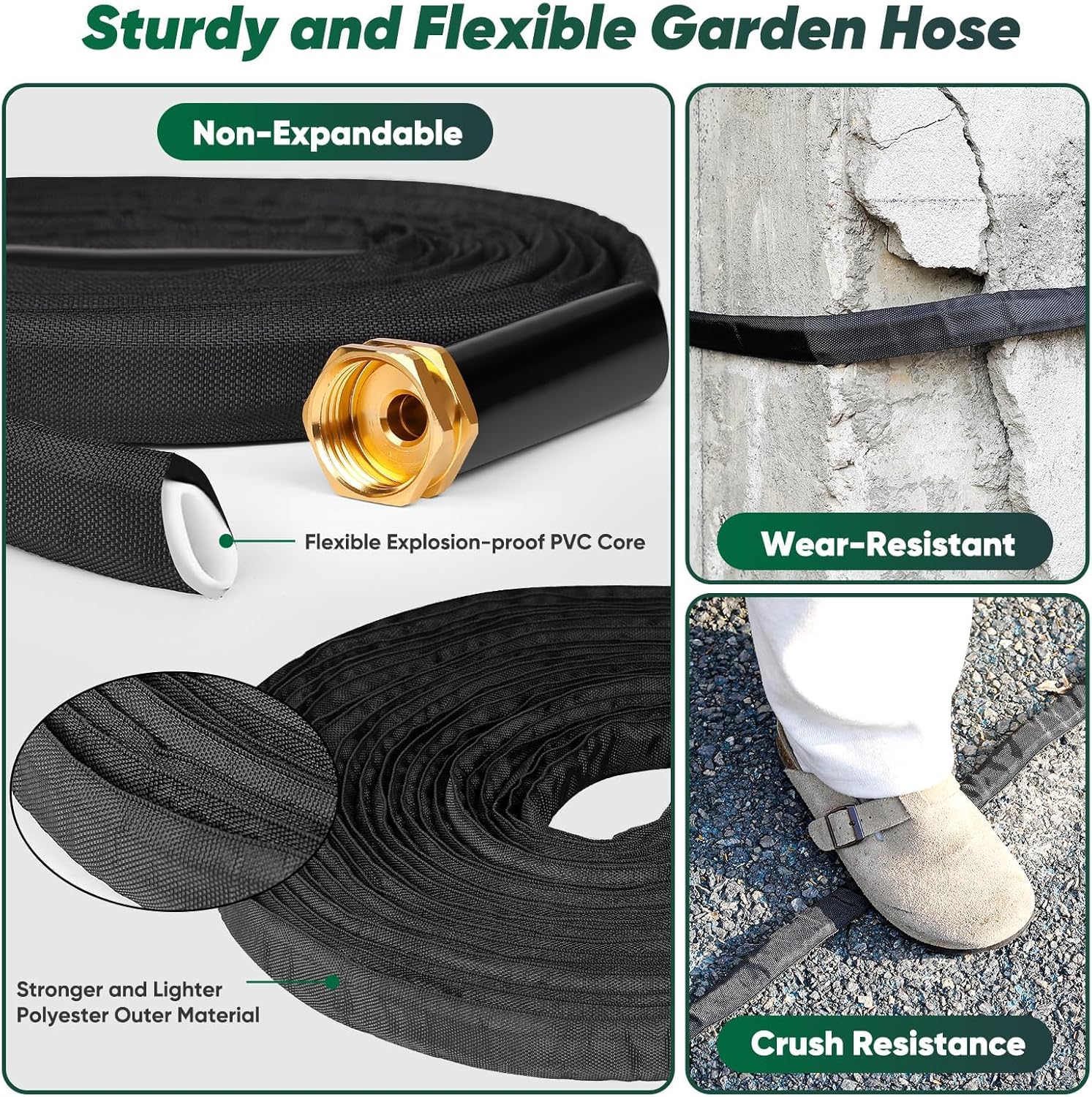 garden hose 50 ft, non-expanding water hose, flexible ultra-light, anti-kink, wear-resistant, portable, easy storage, hose with 3/4 for outdoor, garden, yard and lawn black 50ft