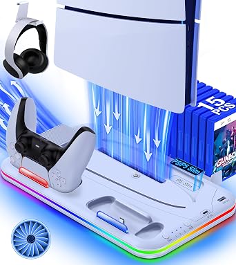 PS5/Slim/Pro Cooling Station with Dual Controller Charger, 3-Speed Turbo Fan with RPM Display, RGB Light Modes, Game Card Storage & Headset Holder for Playstation 5 Console