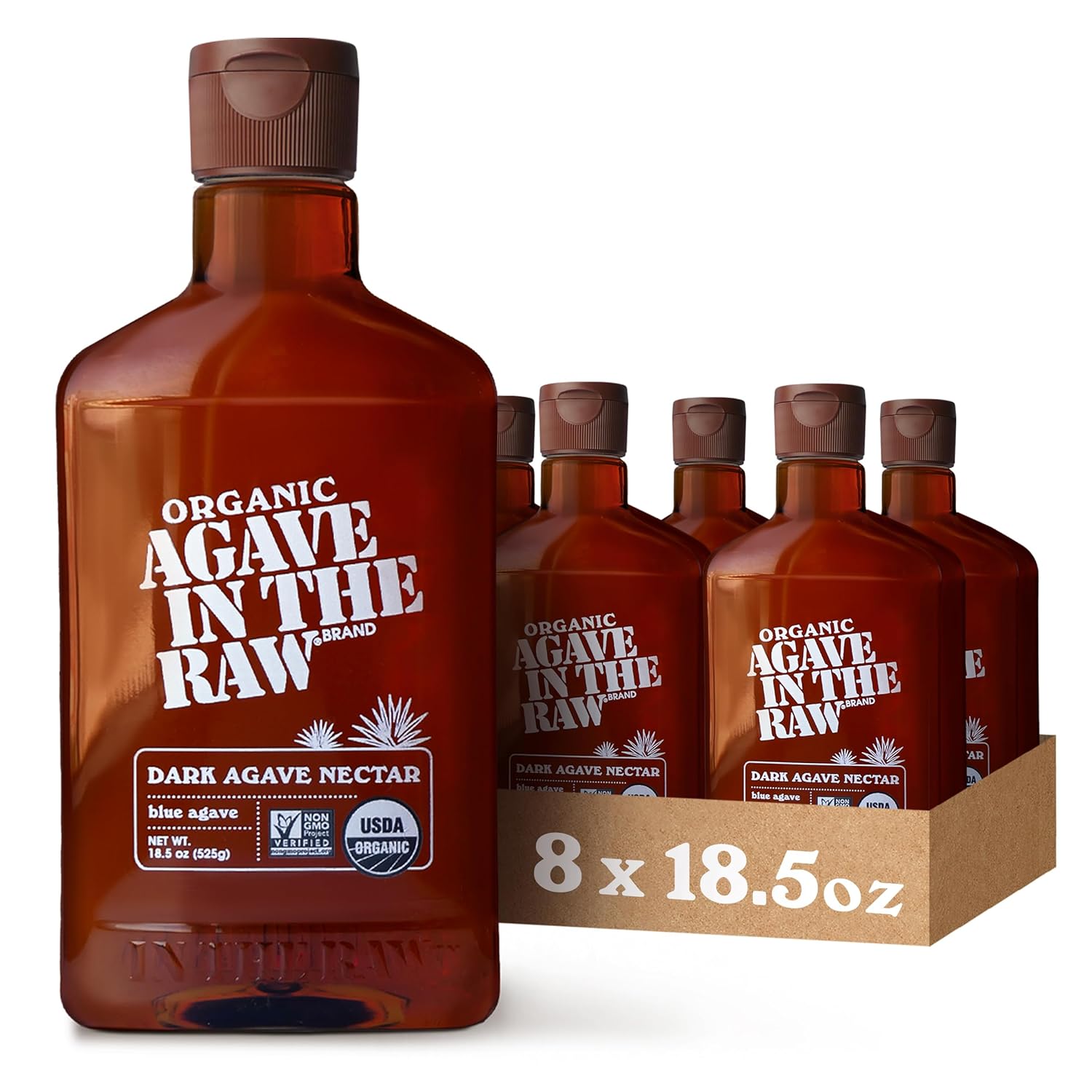 Agave In The Raw Organic Agave Nectar Sweetener, Blue Agave Syrup, No Erythritol, Sugar Substitute for Coffee, Baking, Hot & Cold Drinks, Natural, Low Carb, Vegan, Gluten-Free, 18.5oz Bottle (8 Pack)