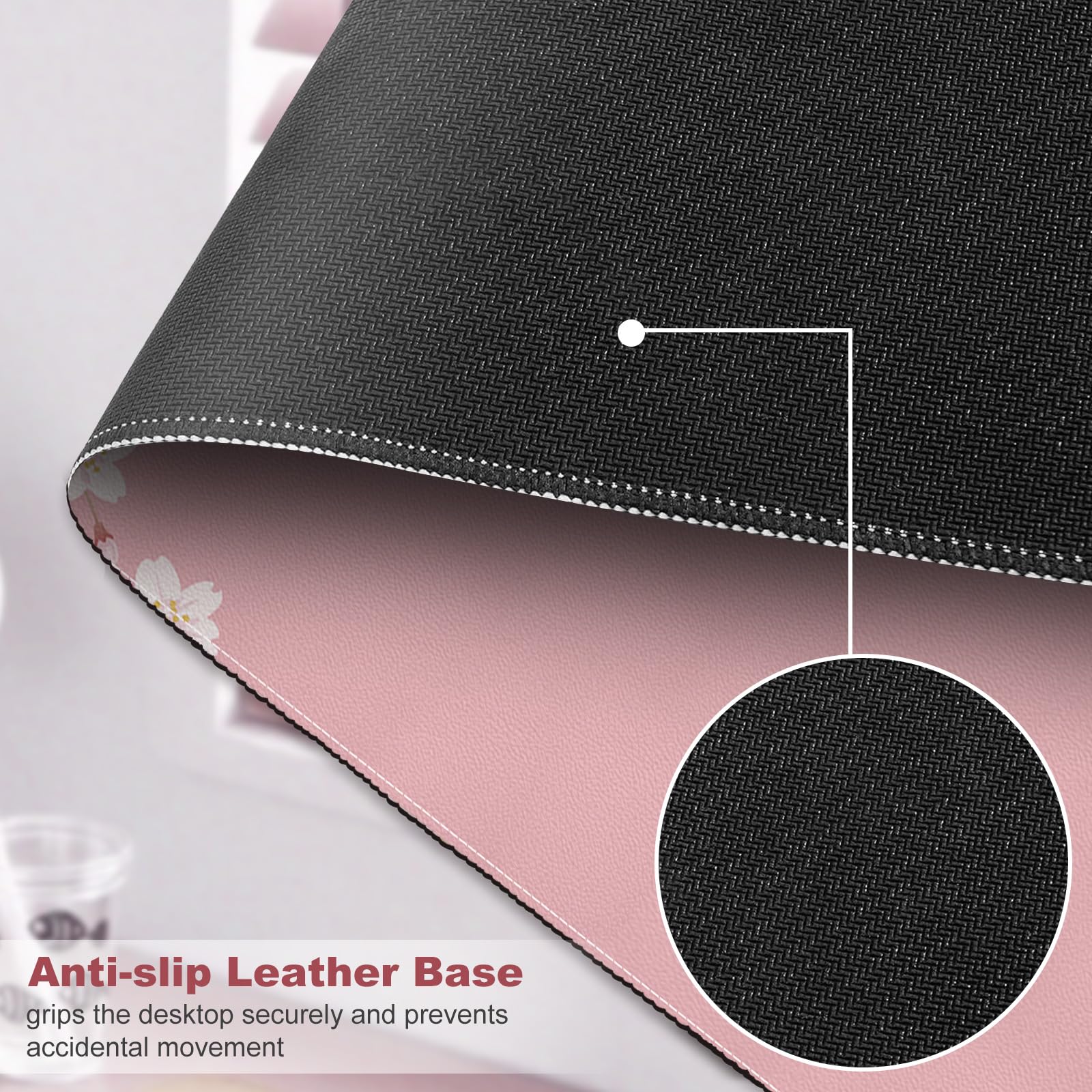 DINKY Large Leather Mouse Pad, Pink Cherry Blossoms Desk Mat for Desktop, Women Girls PVC Leather Waterproof Gaming Desk Protector Writing Pad for School Office Home 35.4" x 15.7"