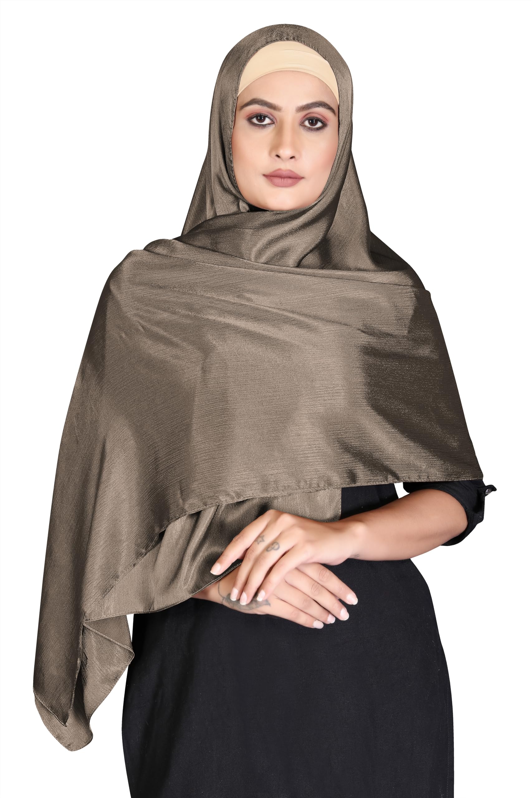 London Scarfs Satin Silk Shawls Muslim Solid Color Hijab Crinkled Scarf Women's Wraps Turban (Coffee)