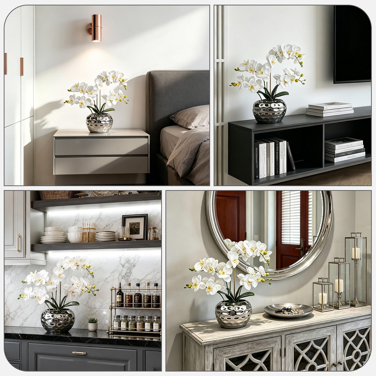 PlusFive Orchidea Finta Realistica Bianca 48 cm, Orchidee Finte, Orchidee Artificiali con vaso, Fiore di Orchidea Artificiale, Pianta Finta da Interno, Regalo Inaugurazione Casa, Soggiorno e Ufficio