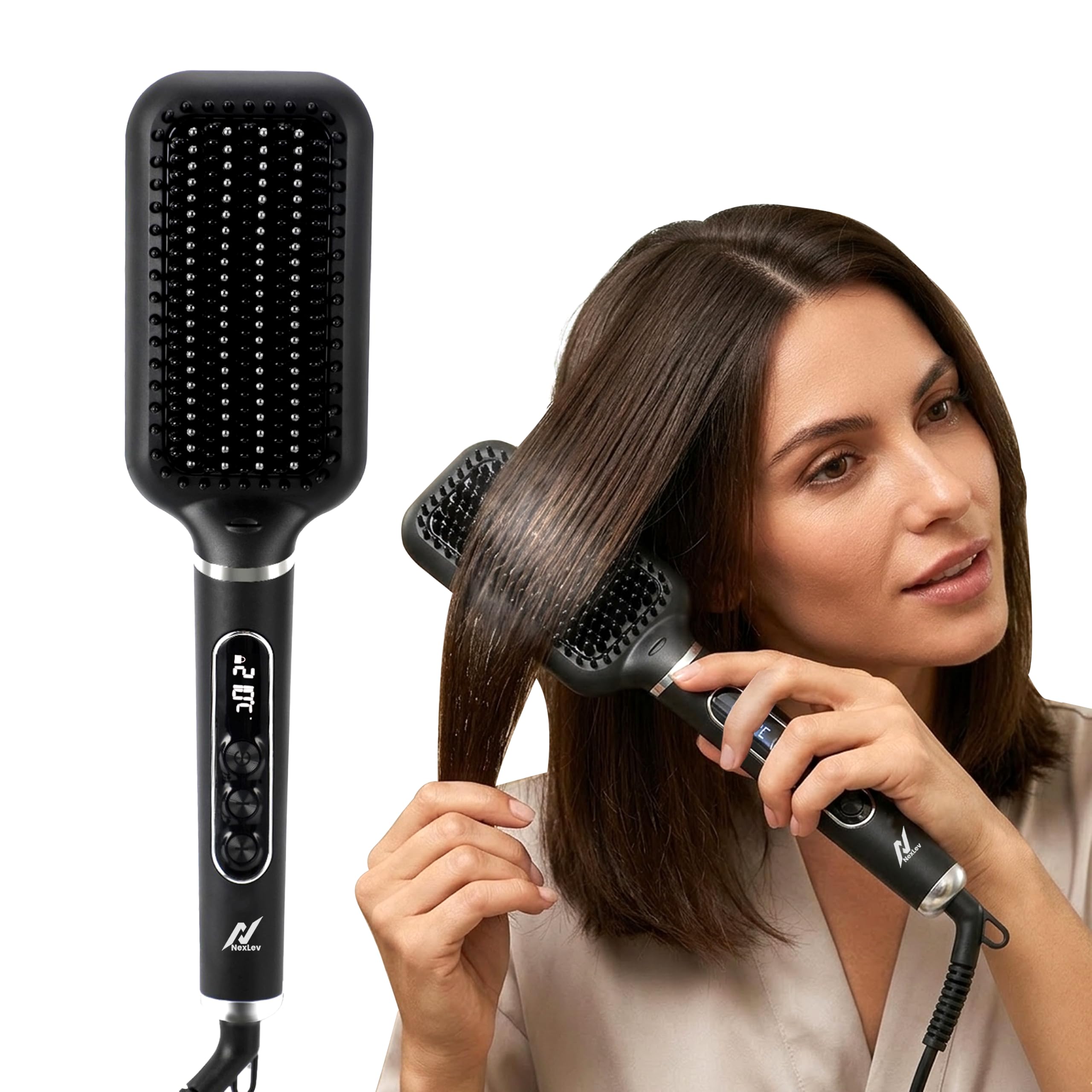 nexlev Hair Straightener Brush|Ceramic Coated Wide Plate|Anti-Frizz Professional Styling With Ion Technology|Auto-Shut Off|360° Swivel Cord|For All Hair Types|Hsb-03, Black,1500 Watts-picture-15