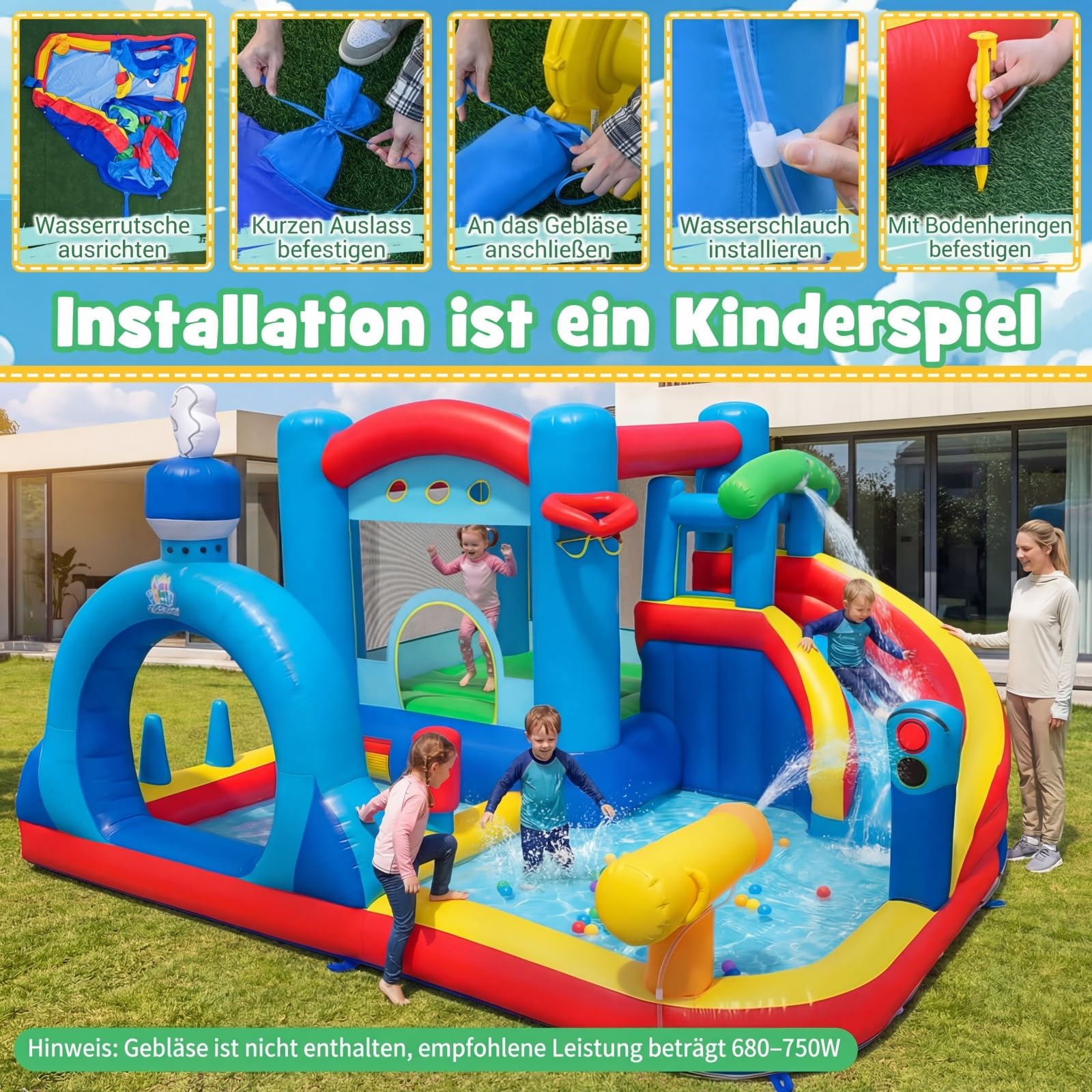 COSTWAY Hüpfburg mit Wasserrutsche, Sprungbereich, Planschbecken, Wasserkannonen, Boxsack, Ringwurfspiel, Zielspiel, Ozeanbälle & Basketball, Wasserhüpfburg für Kinder, Wasserpark für Außenbereich