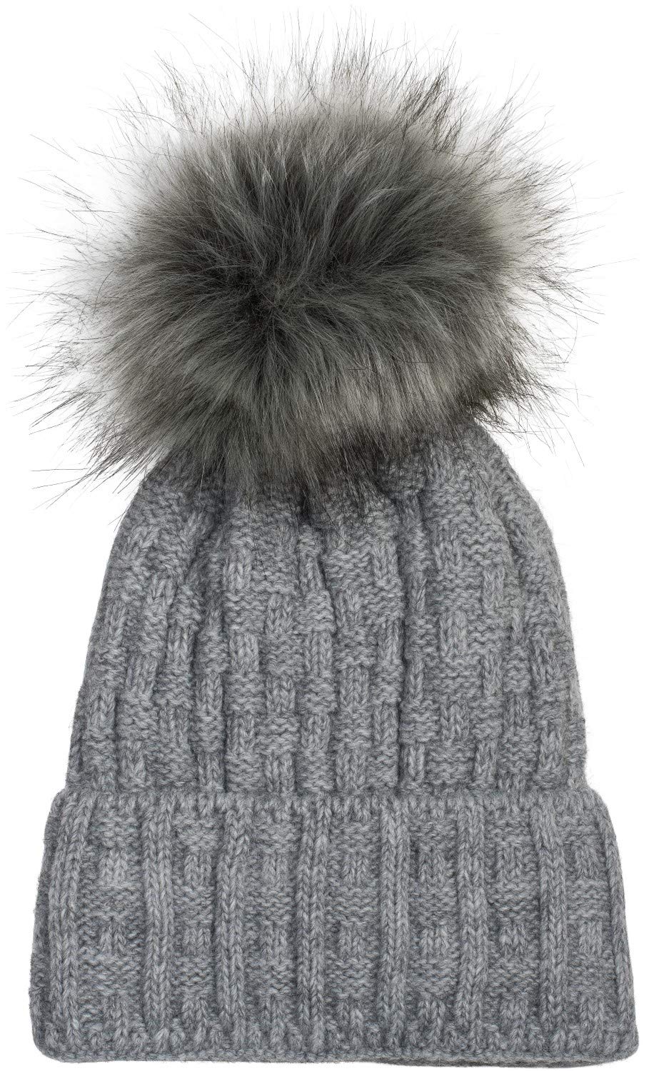 Stylebreaker Women's Mottled Grey Unisex Knit Pompom Hat With Woven Pattern And Thermo Fleece Lining, Winter Fur Bobble Hat, Fake Fur, Made In Poland 04024171, Colour:
