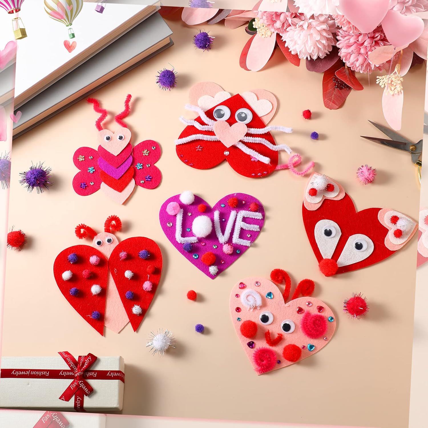 436 Pieces Valentine's Day Felt Heart Craft Kit Assorted DIY Heart Ornaments Decorations with Pom-poms Cleaners Googly Eyes Gem Sticker Craft Supply for DIY Party Favor Scrapbook Decor