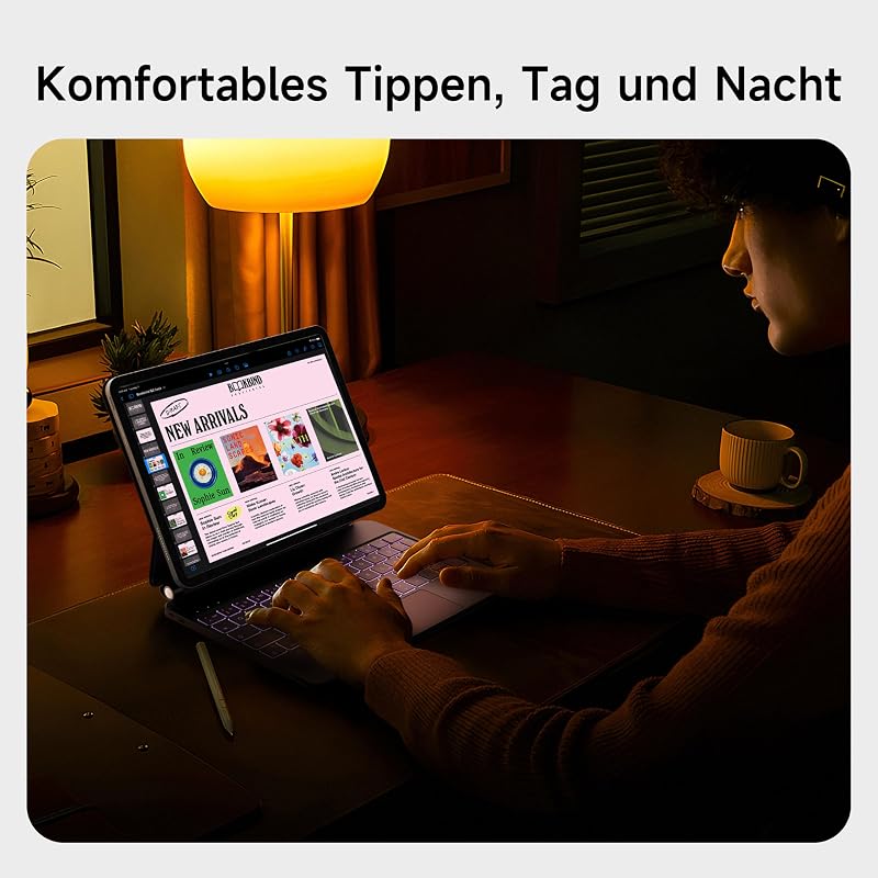 HOU iPad Air 13 és Pro 12.9 Billentyűzetes Tok - QWERTZ, Érintőpaddal, 7 Színű Háttérvilágítással, Mágneses Kialakítással, Kompatibilis 3-6.