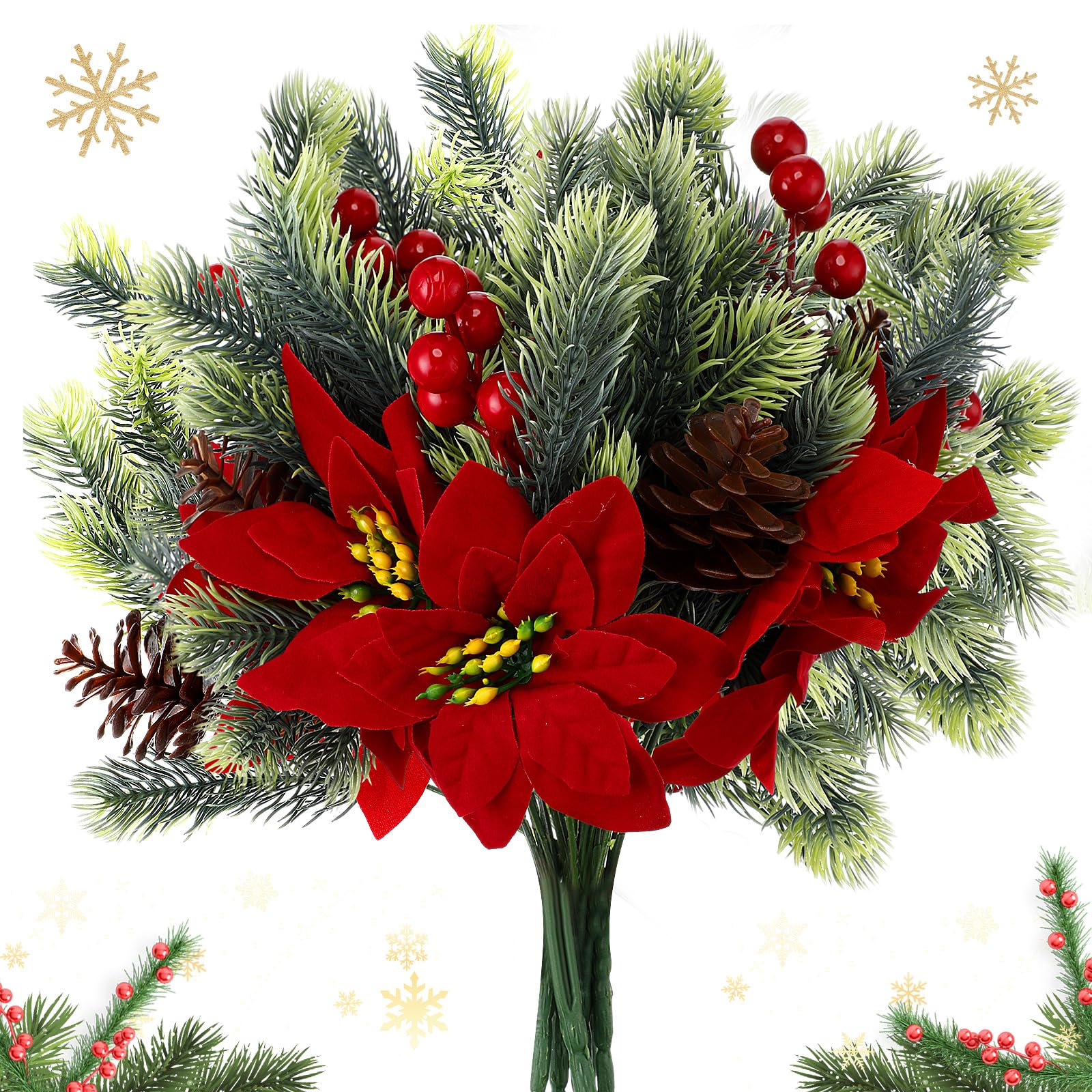 Guirlande sapin de Noël avec bouquet poinsettia artificiel et baies rouges