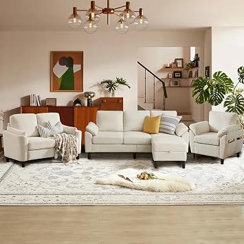 4 Piece Modern Corduroy Sofa Set, L-Shaped Sectional Couch with Storage Ottoman, Loveseat & Single Arm Chair, Side Storage Pockets, Removable Cushions for Living Room Apartment