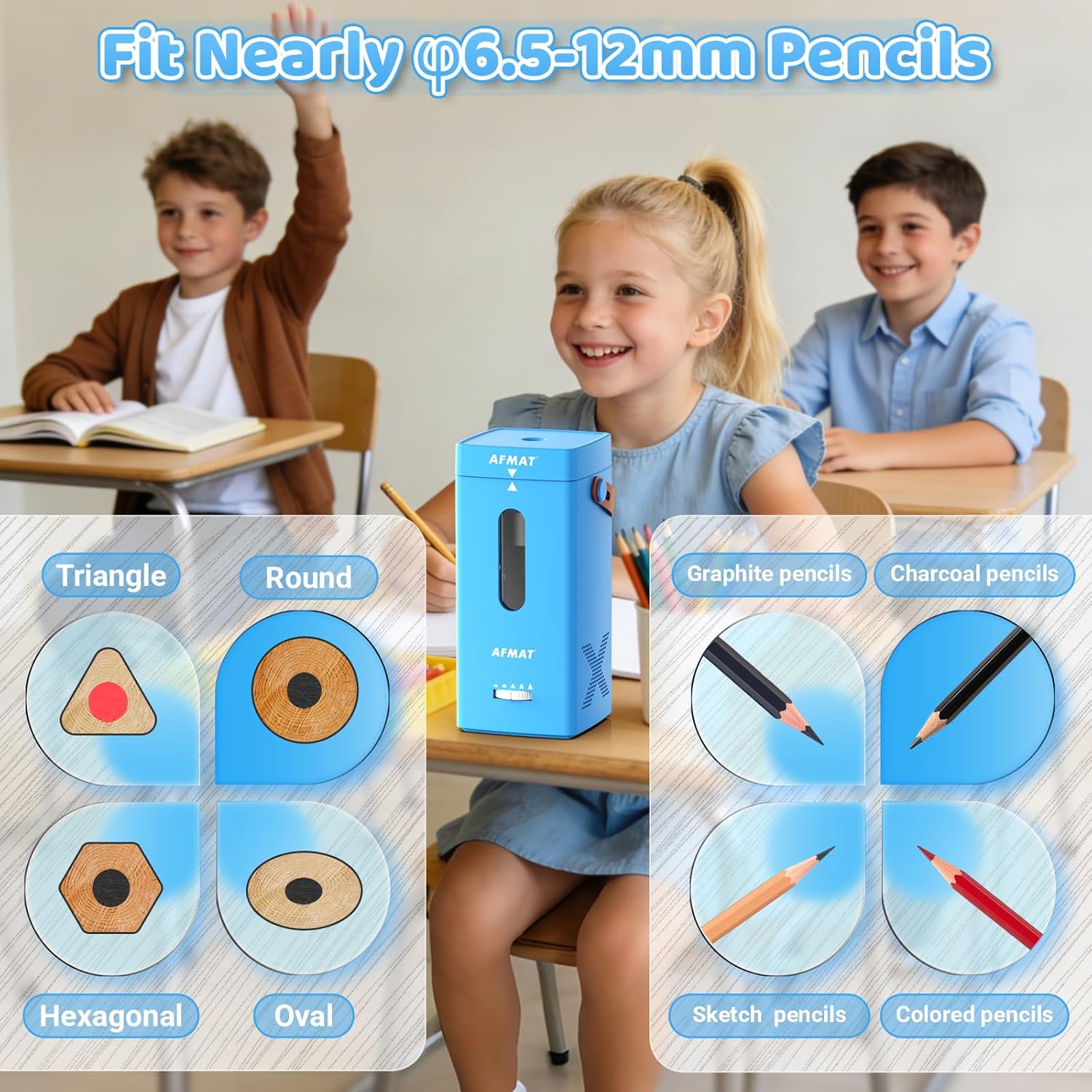 AFMAT Electric Pencil Sharpener, Fully Automatic Pencil Sharpener, Auto in & Out, Rechargeable Hands-Free Sharpeners for Jumbo & Colored Pencils (6.5-12mm), Portable for Home/Classroom/Office PSC6