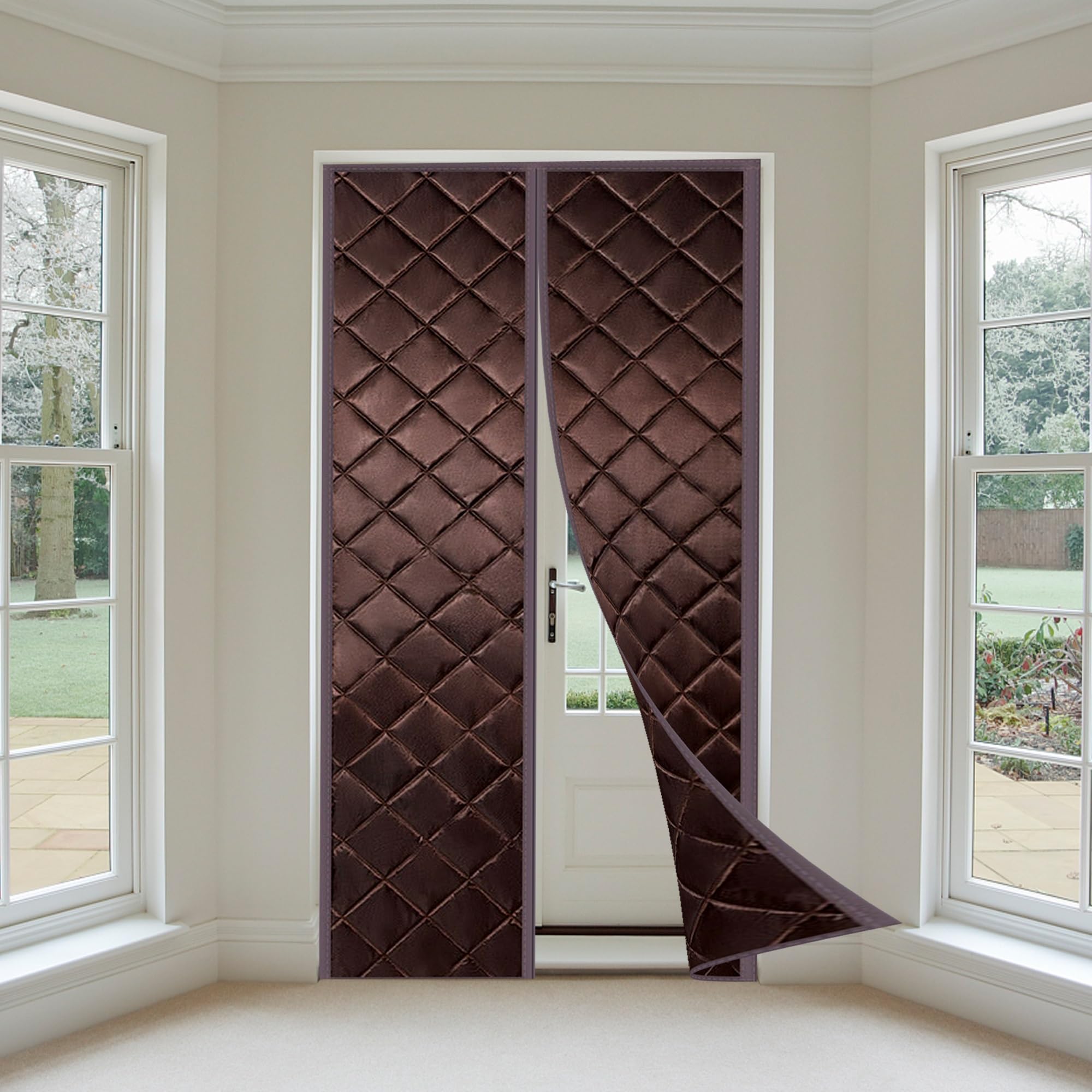 Thermal Insulated Door Curtains, 145x190cm Magnetic Panels with Cotton Lined Auto Close Keep Warm for Bedroom Doorways for Air Conditioner Room, Heater Room, Back Door, Brown