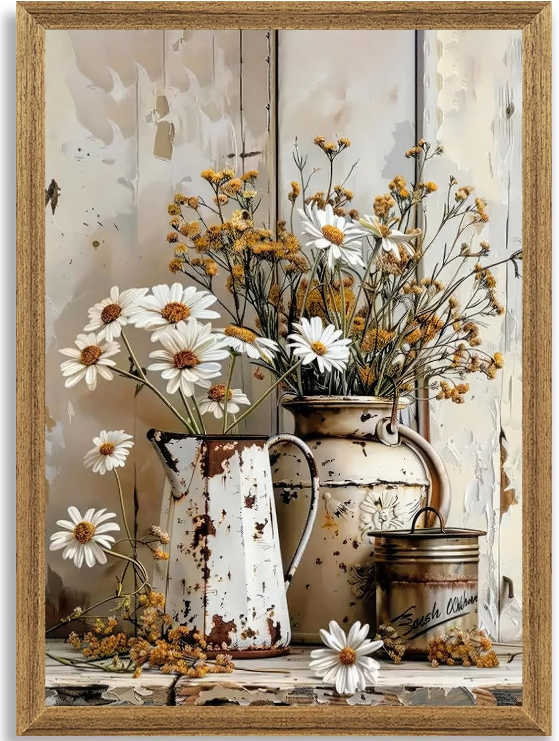 Krtoni Framed Farmhouse Vintage Canvas Wall Art, Rustic Floral Paintings Artwork Wall Decor, White Daisy Flower WithIron Kettle Theme Poster Print for Living Room Bedroom Bathroom Study 24''L x 16''W 24"L x 16"W Iron Kettle Flower