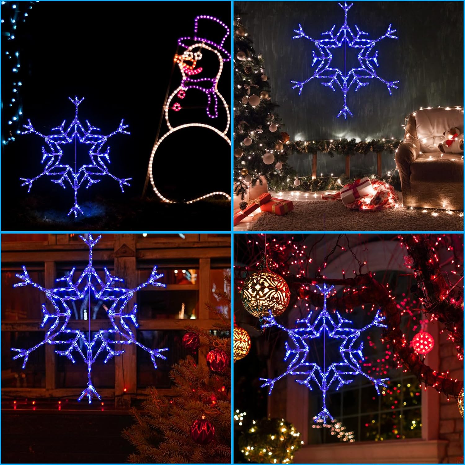 VIHOSE 36" Christmas Snowflake Lights 162 LED Snowflake Decoration Large Outdoor Hanging Lights for Yard Porch Christmas Party Nativity Scene Special Soft Head for Folding Iron Frame (Blue)