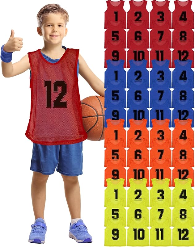 Suhine 48 Pcs Pinnies for Sports Youth Pinnies Nylon Mesh Basketball Practice Jersey Numbered Sport Pennies Scrimmage Vest