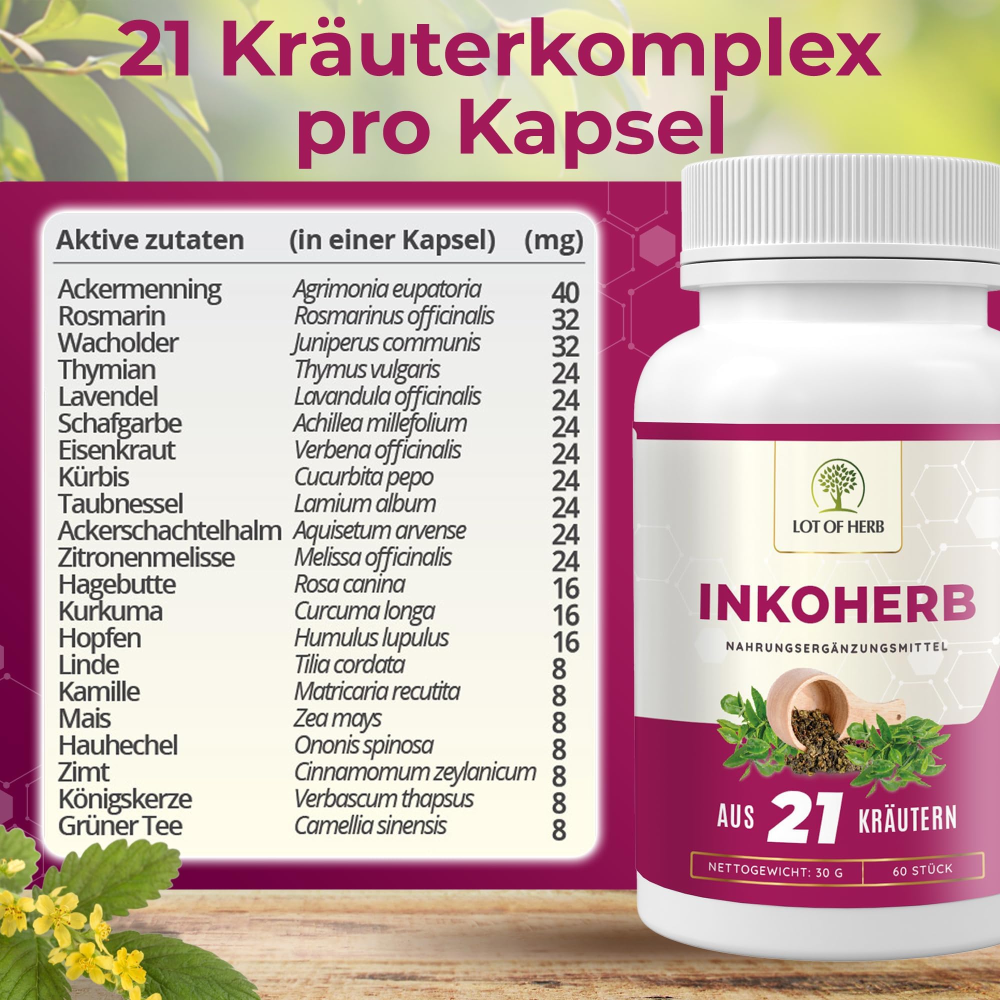 Inkoherb aus 21 Kräuter zur natürlichen Stärkung der Blasenfunktion - Kann bei Inkontinenz Blasenschwäche Harndrang unterstützen - Nahrungsergänzungsmittel für Frauen und Männer - 60Stk